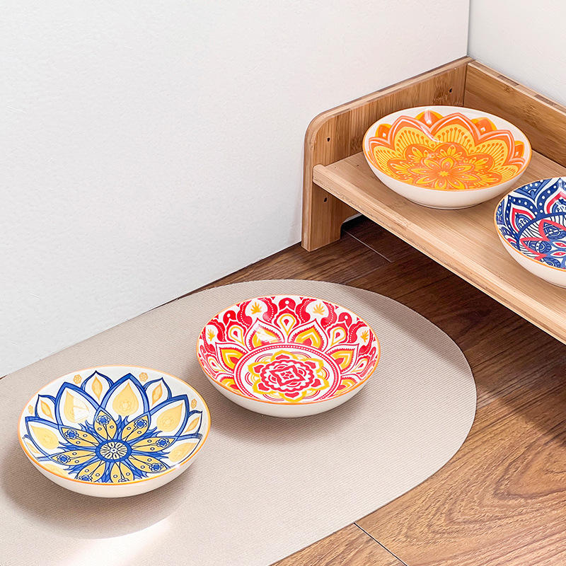 Creative Bohemian Style Pet Plate Round Ceramic Cat Dog Bowl Set of 4 PCS