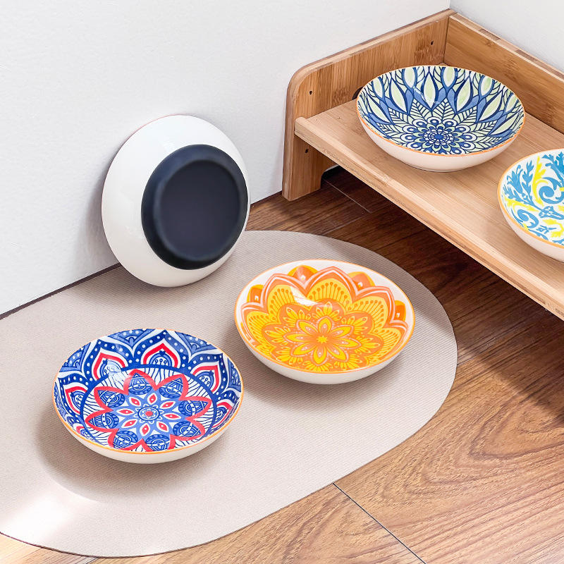 Creative Bohemian Style Pet Plate Round Ceramic Cat Dog Bowl Set of 4 PCS