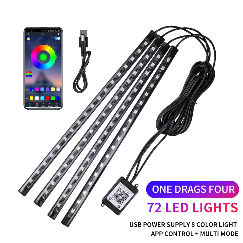 Neon LED Car Interior Ambient Foot Strip Light Kit Accessories RGB Backlight Remote App Music Control Auto Decorative Lamp