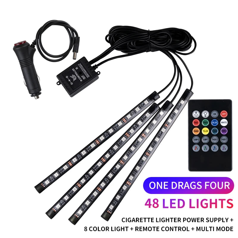 Neon LED Car Interior Ambient Foot Strip Light Kit Accessories RGB Backlight Remote App Music Control Auto Decorative Lamp