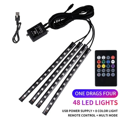 Neon LED Car Interior Ambient Foot Strip Light Kit Accessories RGB Backlight Remote App Music Control Auto Decorative Lamp